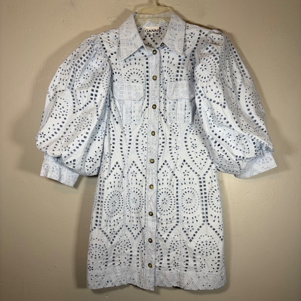 Ganni Light Blue Eyelet Mini Dress 40 US 8 Cotton Puff Sleeve Broderie Anglaise